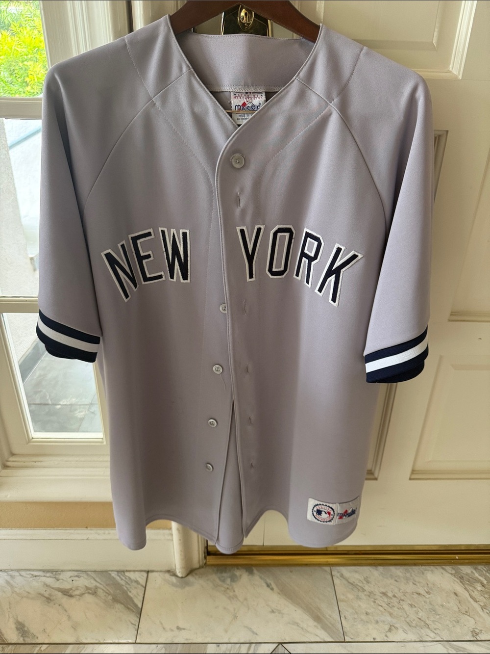 Majestic Grey New York Button-Up Baseball Jersey with Navy Trim